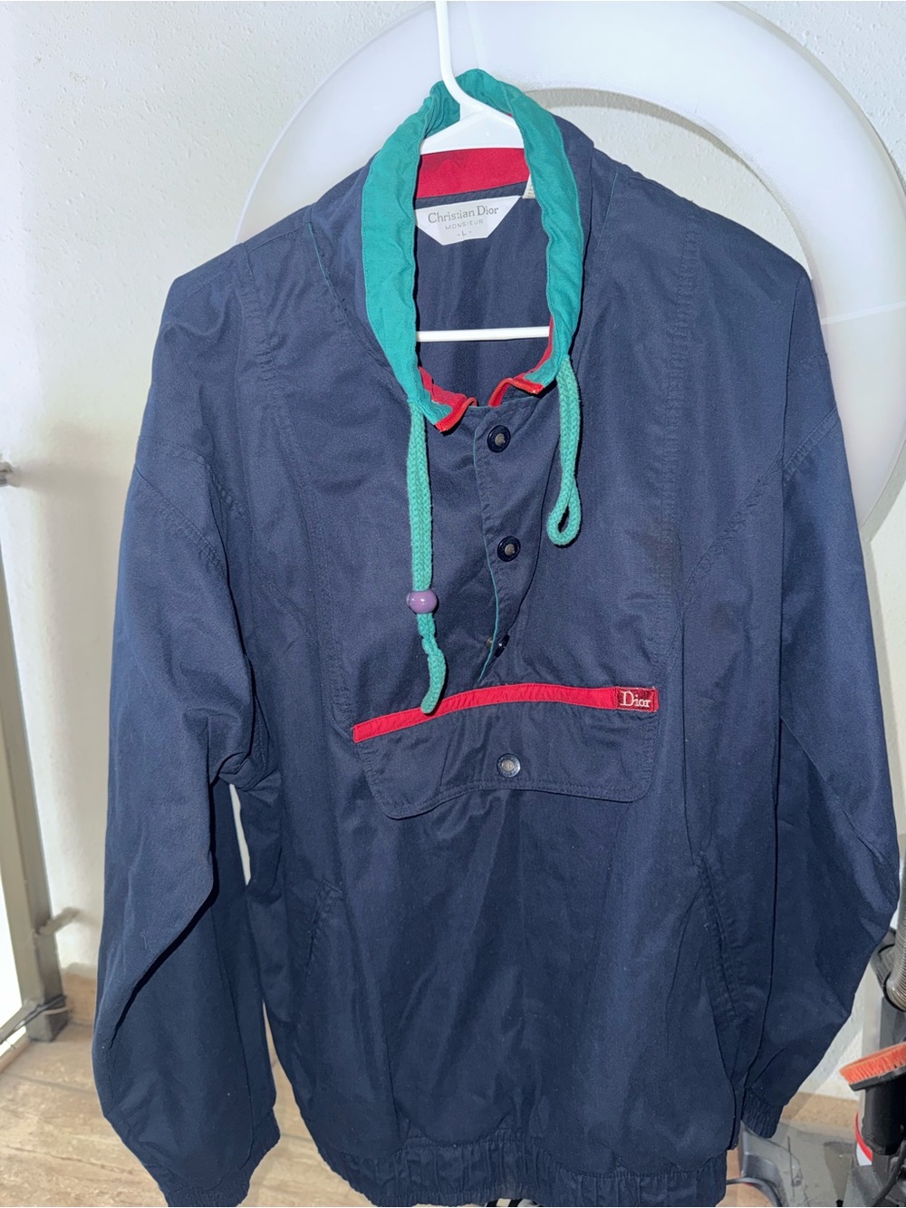 Dior Men’s Navy Windbreaker with Teal Hood and Red Trim